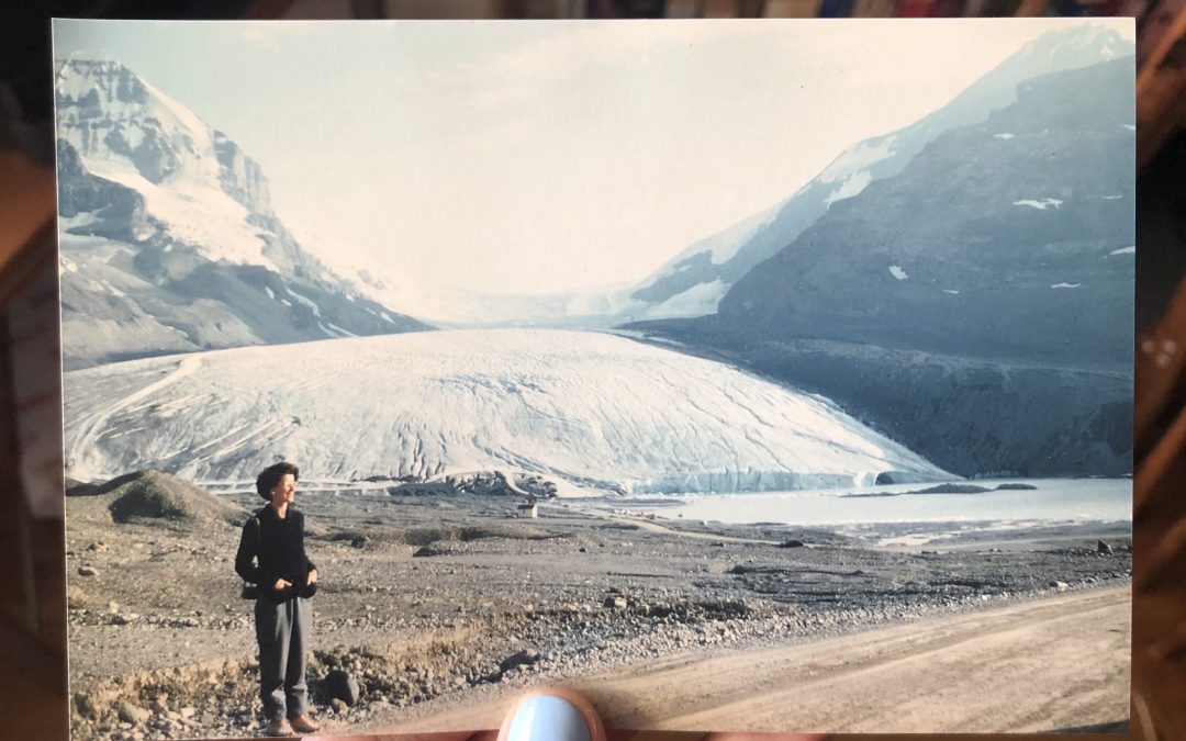 My grandmother, Janet Hopwell, standing in front of the Athabasca Glacier in Jasper National Park, July, 1958.